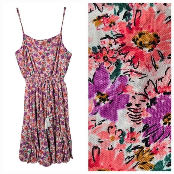 Big Girls Rare Editions Sleeveless Floral Print Skater Dress Keyhole Tassel Tie - Picture 1 of 9